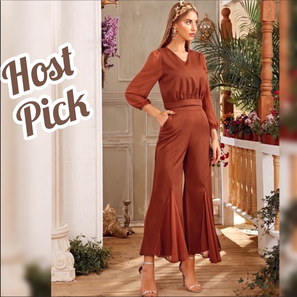 Elegant Rust‎ Brown Wide Leg Boho Resort Coastal Chic Wedding Guest Palazzo Set